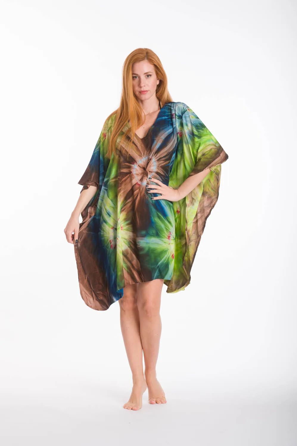 Πράσινο ποντσο βισκοζ tie dye εκρηξη - Καφέ;Πράσινο παρεό παραλίας από βισκόζ για καλοκαιρινές resort εμφανίσεις