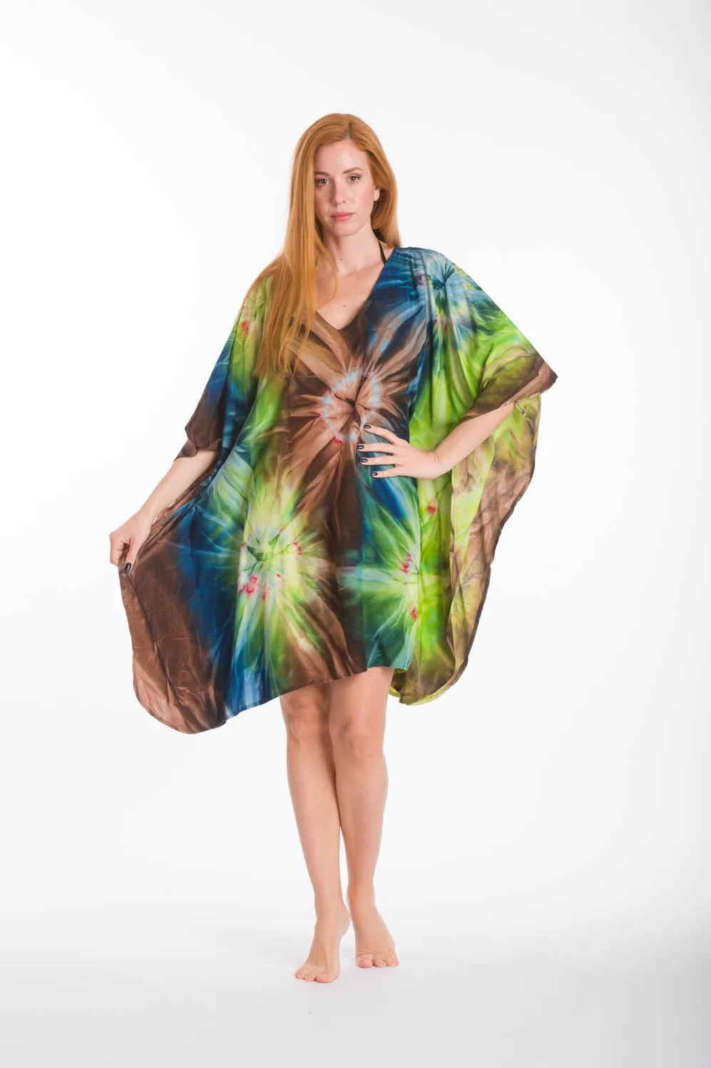 Πράσινο ποντσο βισκοζ tie dye εκρηξη - Καφέ;Πράσινο πόντσο παραλίας από βισκόζ για καλοκαιρινές resort εμφανίσεις
