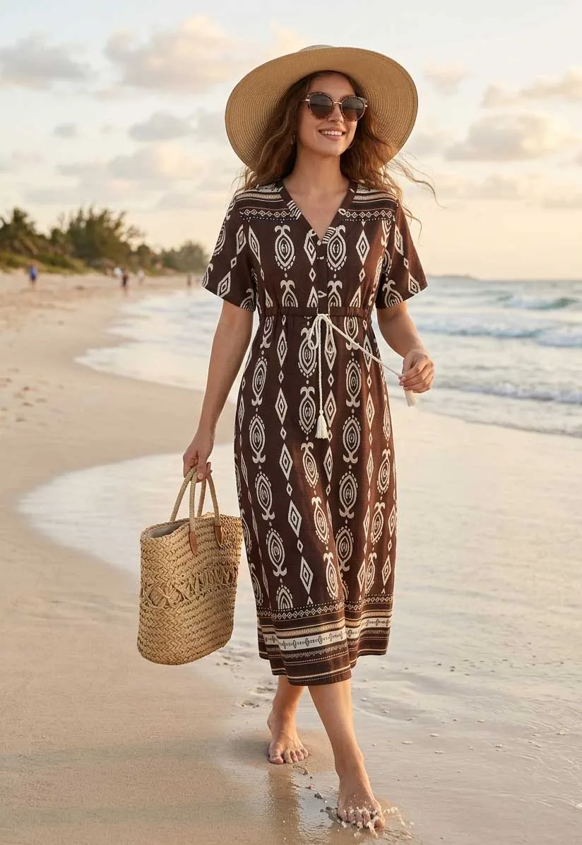 Σοκολά boho resort ethnic print βισκοζ- λινό καφτάνι - φορεμα με κοντό μανικι - Καφέ παρεό παραλίας από βισκόζ για καλοκαιρινές resort εμφανίσεις