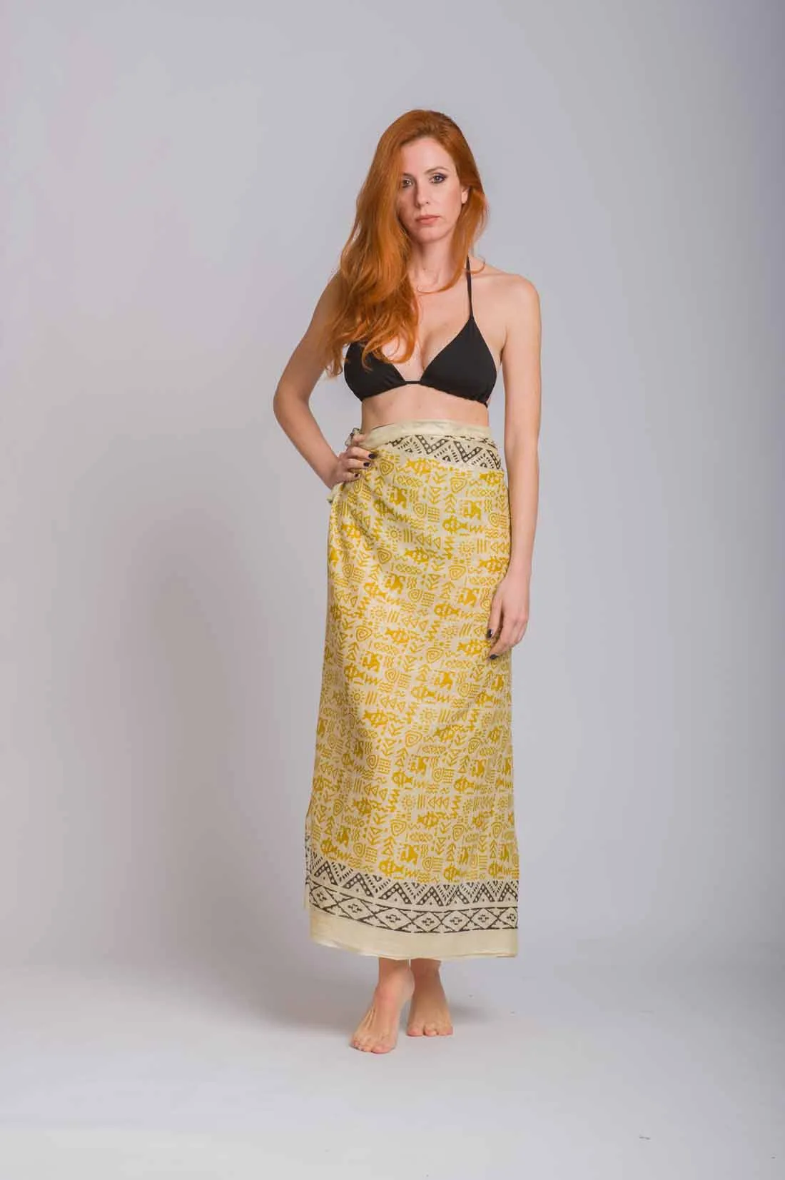 Κιτρινο ethnic print βαμβακερό παρεό - Κίτρινο παρεό παραλίας από βαμβακερό για καλοκαιρινές resort εμφανίσεις