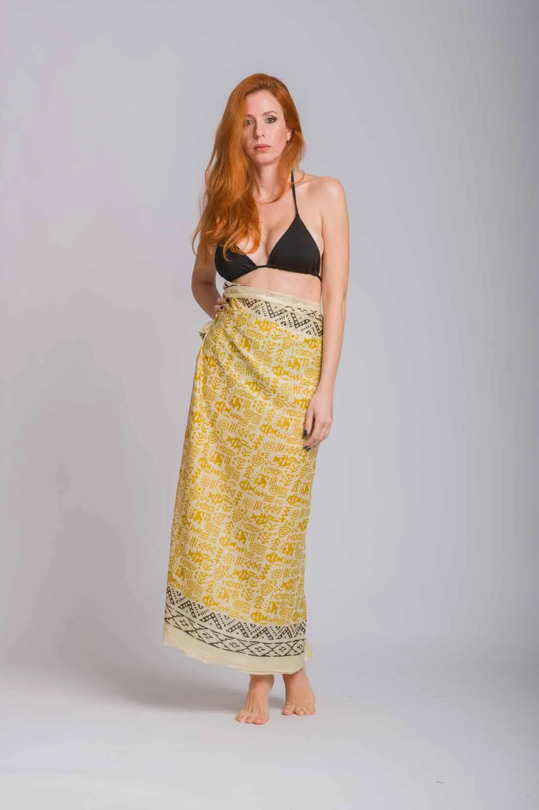 Κιτρινο ethnic print βαμβακερό παρεό - Κίτρινο παρεό παραλίας από βαμβακερό για καλοκαιρινές resort εμφανίσεις