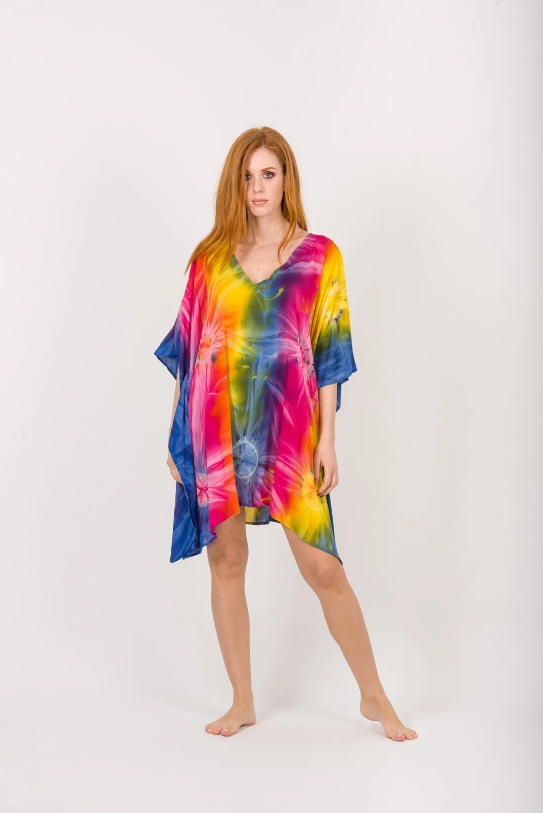 Ποντσο βισκοζ tie dye εκρηξη - Κίτρινο;Μπλέ;Φούξια παρεό παραλίας από βισκόζ για καλοκαιρινές resort εμφανίσεις