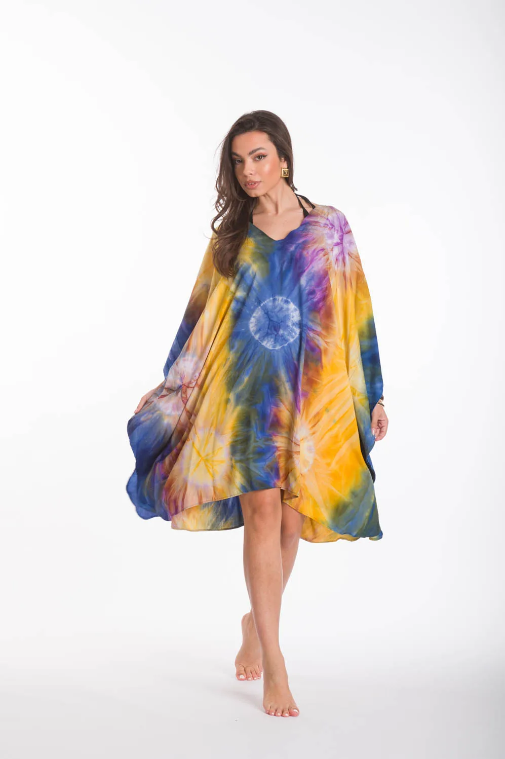 Κίτρινο καφτανι midi βισκοζ tie dye εκρηξη - Κίτρινο;Μπλέ παρεό παραλίας από βισκόζ για καλοκαιρινές resort εμφανίσεις