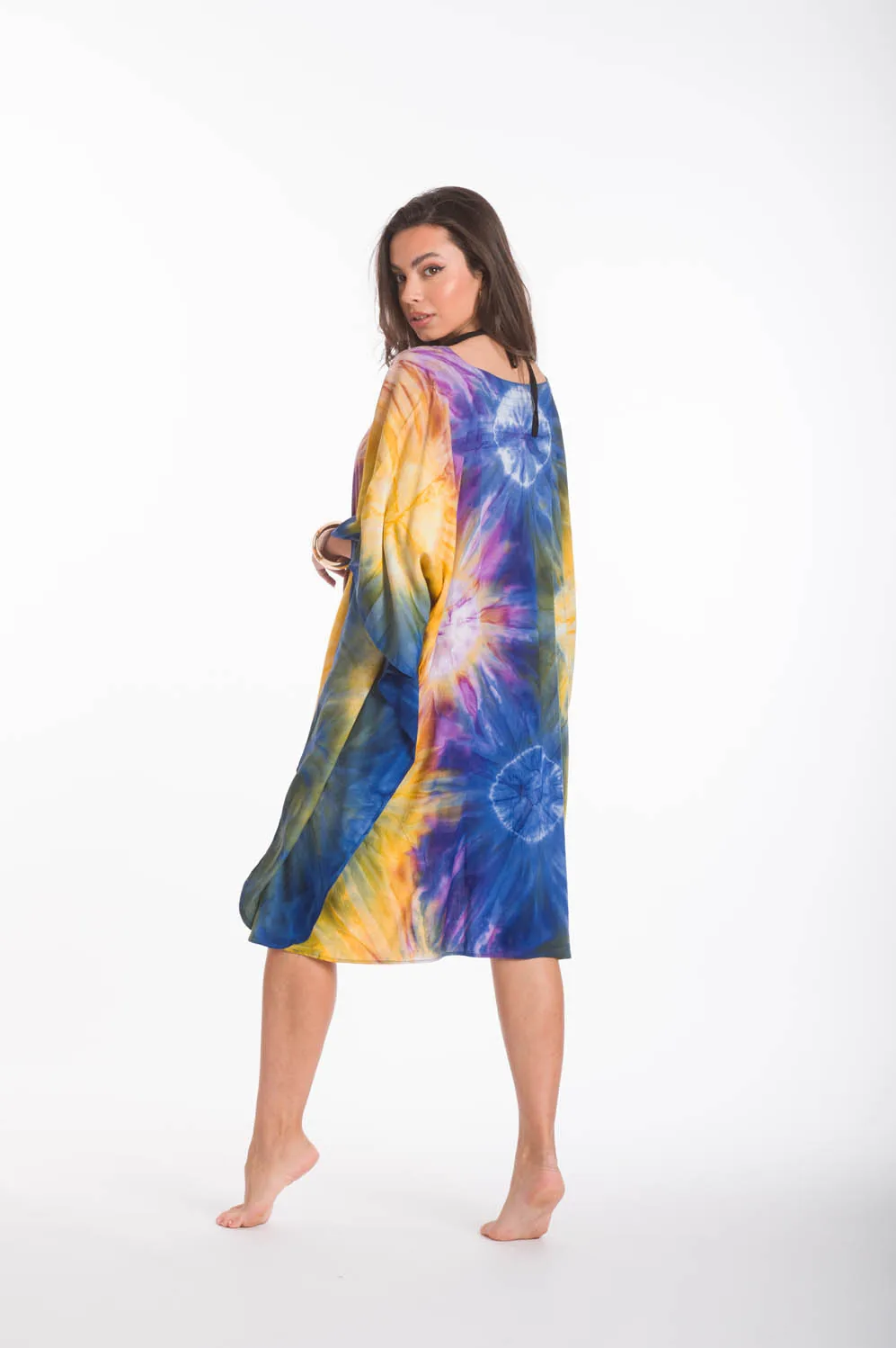 Κίτρινο καφτανι midi βισκοζ tie dye εκρηξη - Κίτρινο;Μπλέ καφτάνι παραλίας από βισκόζ για καλοκαιρινές resort εμφανίσεις