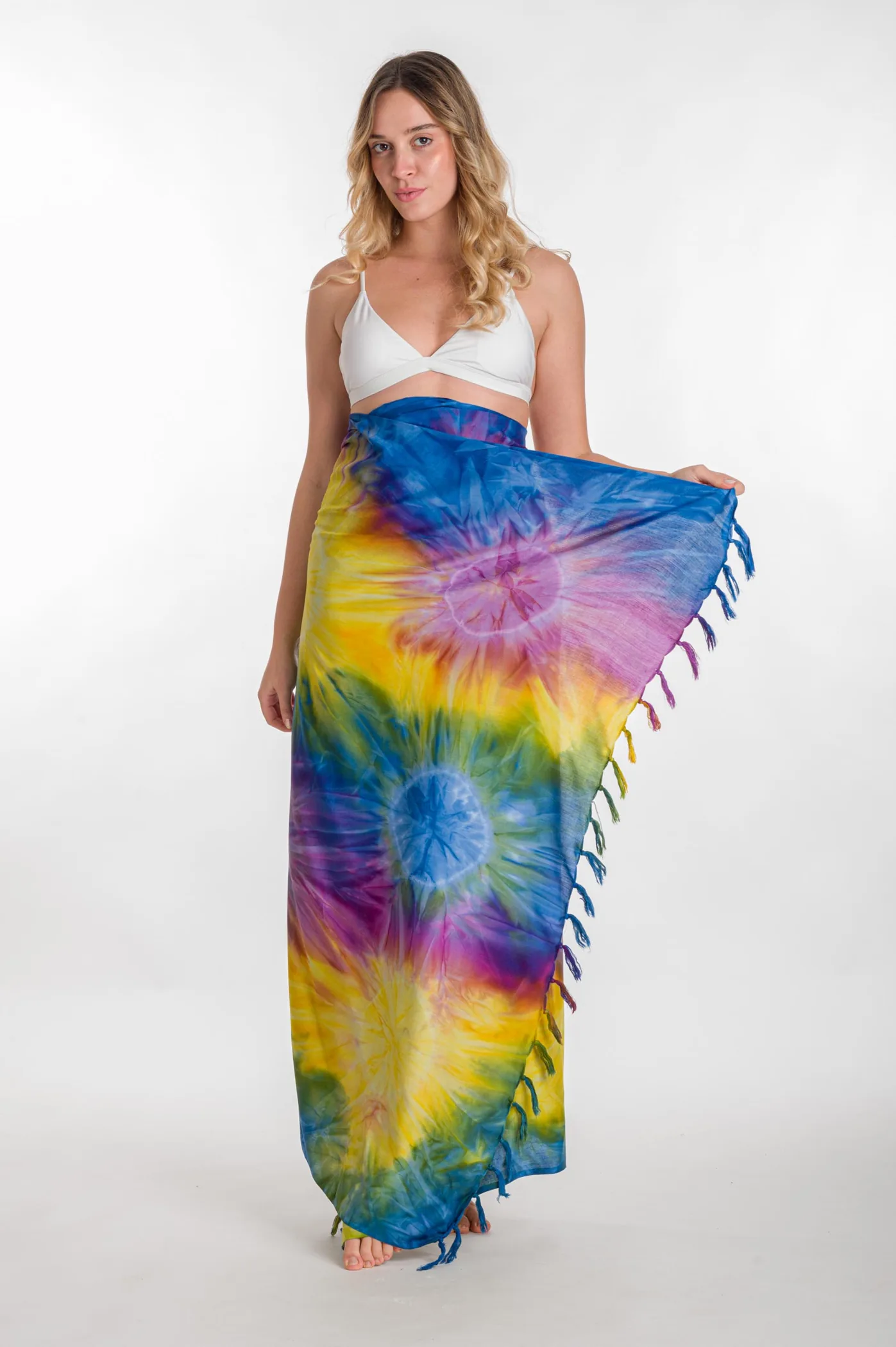 Παρεο βισκοζ tie dye εκρηξη με κροσσια - Κίτρινο;Μπλέ;Μώβ παρεό παραλίας για καλοκαιρινές resort εμφανίσεις