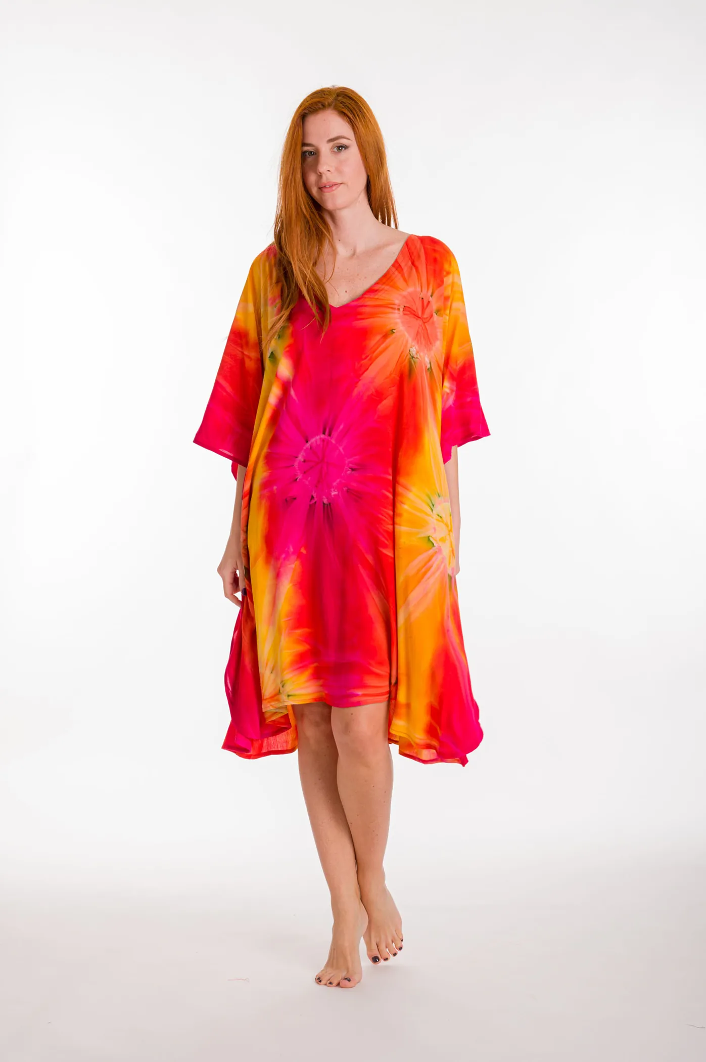 Καφτανι midi βισκοζ tie dye εκρηξη - Κίτρινο;Πορτοκαλί παρεό παραλίας από βισκόζ για καλοκαιρινές resort εμφανίσεις