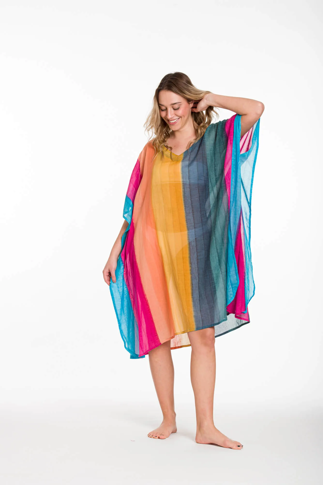 Ποντσο tie dye ριγε βαμβακερο - Κίτρινο;Πορτοκαλί;Ράφ;Φούξια πόντσο παραλίας από βαμβακερό για καλοκαιρινές resort εμφανίσεις