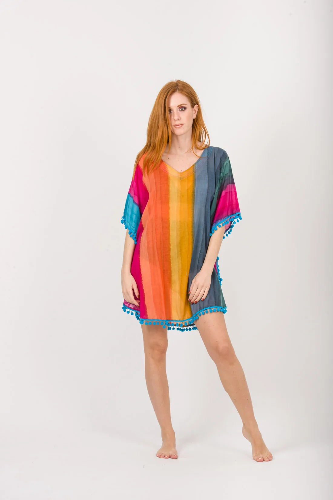 Ποντσο tie dye ριγε βαμβακερο με pon pon - Κίτρινο;Πορτοκαλί;Ράφ;Φούξια παρεό παραλίας από βαμβακερό για καλοκαιρινές resort εμφανίσεις
