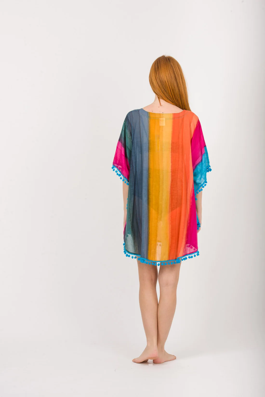 Ποντσο tie dye ριγε βαμβακερο με pon pon - Κίτρινο;Πορτοκαλί;Ράφ;Φούξια πόντσο παραλίας από βαμβακερό για καλοκαιρινές resort εμφανίσεις