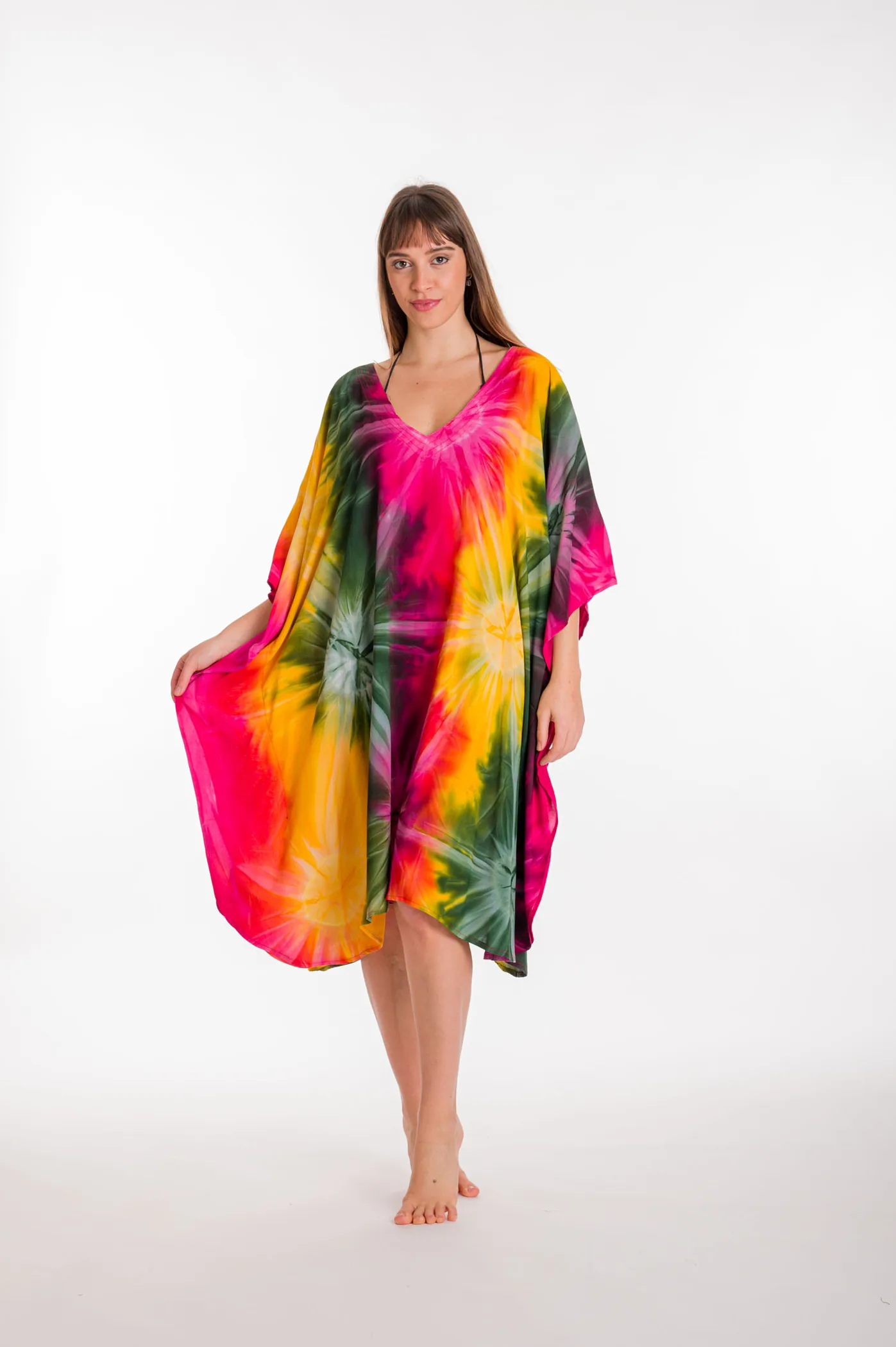 Καφτανι midi βισκοζ tie dye εκρηξη - Κίτρινο;Πράσινο παρεό παραλίας από βισκόζ για καλοκαιρινές resort εμφανίσεις