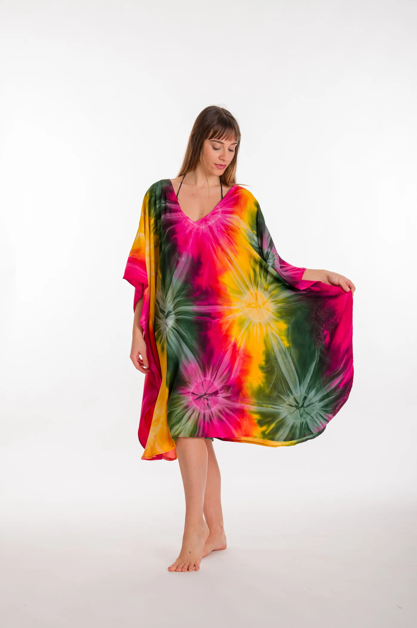 Καφτανι midi βισκοζ tie dye εκρηξη - Κίτρινο;Πράσινο καφτάνι παραλίας από βισκόζ για καλοκαιρινές resort εμφανίσεις