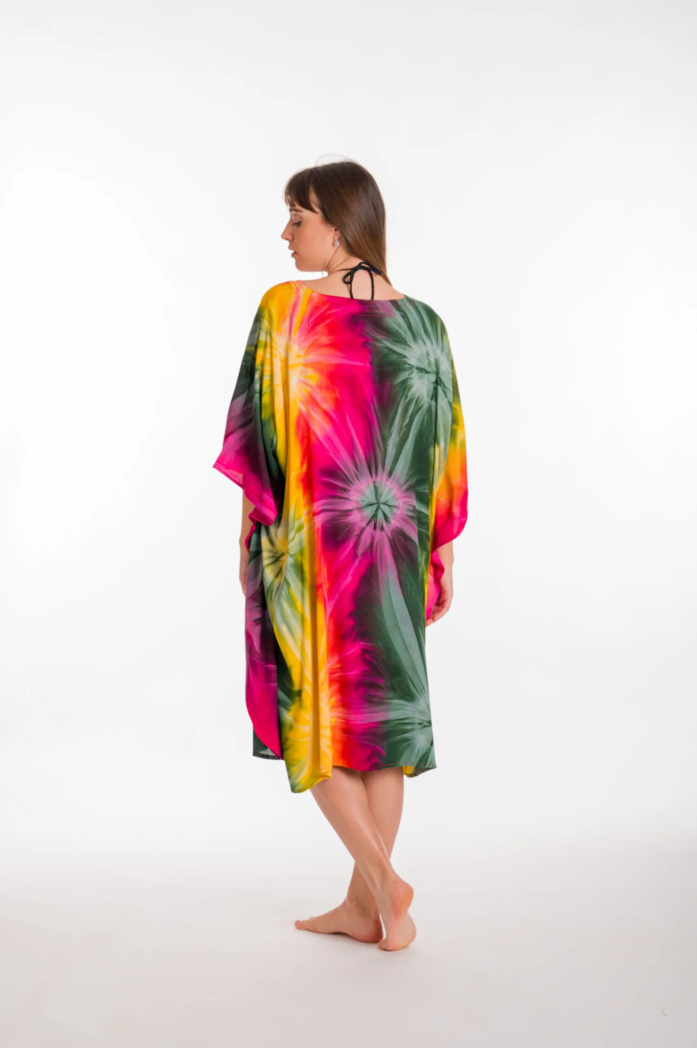 Καφτανι midi βισκοζ tie dye εκρηξη - Κίτρινο;Πράσινο καφτάνι παραλίας από βισκόζ για καλοκαιρινές resort εμφανίσεις