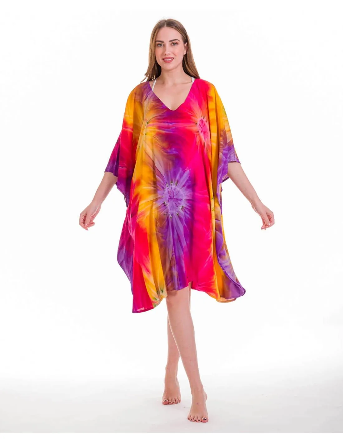 Ποντσο βισκοζ tie dye εκρηξη - Κόκκινο;Μώβ παρεό παραλίας από βισκόζ για καλοκαιρινές resort εμφανίσεις