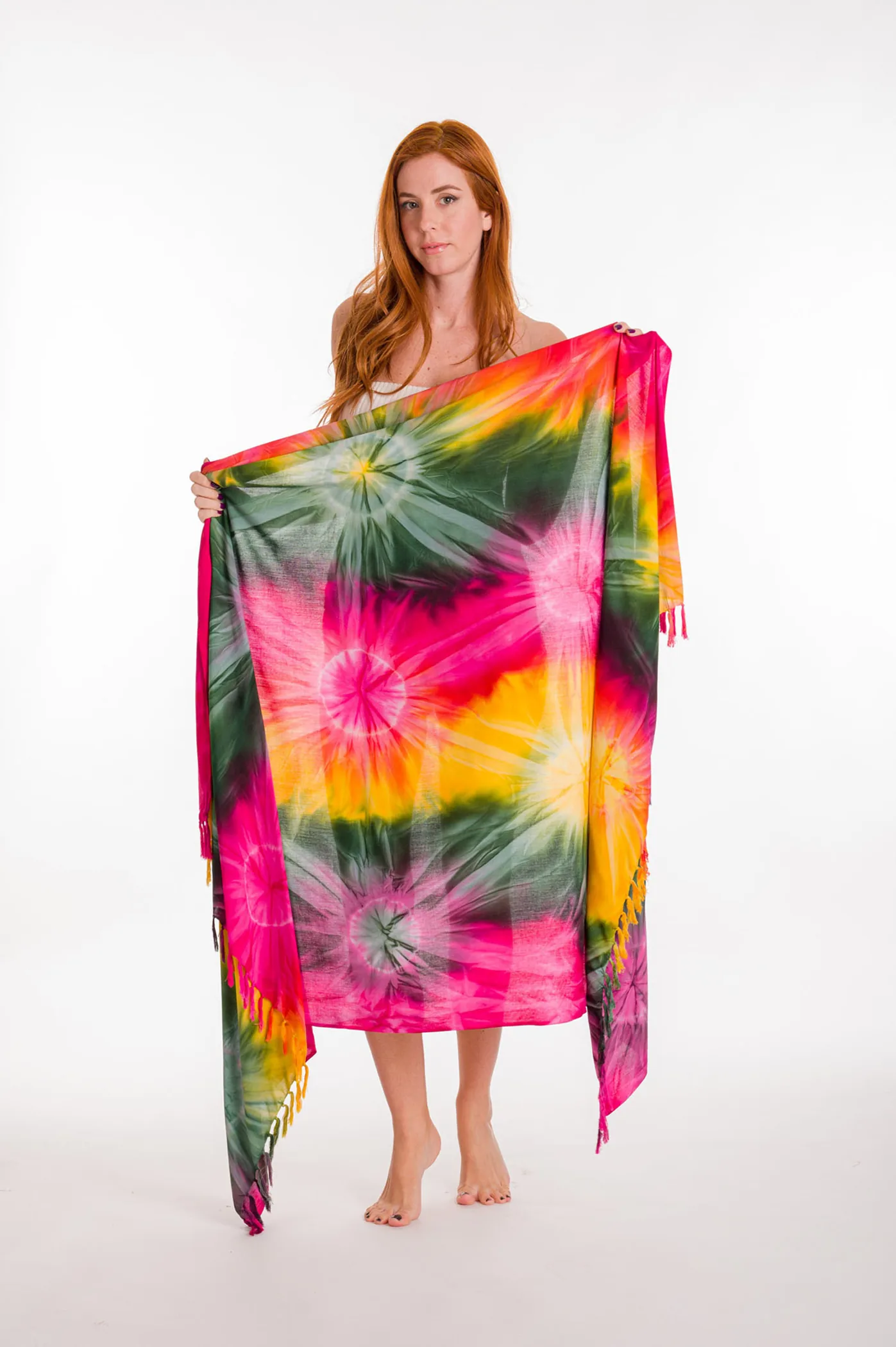 Παρεο βισκοζ tie dye εκρηξη με κροσσια - Κόκκινο;Πράσινο;Κίτρινο παρεό παραλίας για καλοκαιρινές resort εμφανίσεις