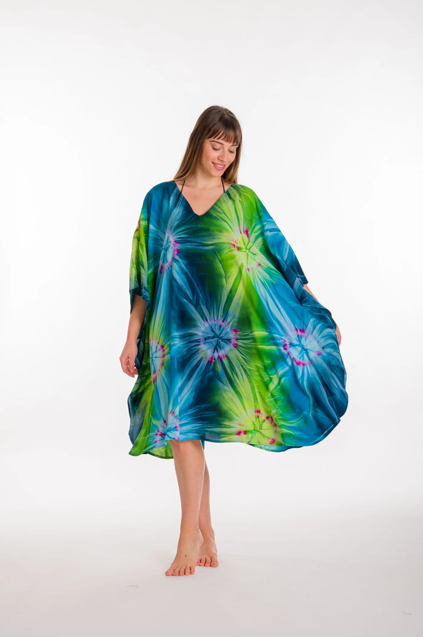 Καφτανι midi βισκοζ tie dye εκρηξη - Λαχανί παρεό παραλίας από βισκόζ για καλοκαιρινές resort εμφανίσεις
