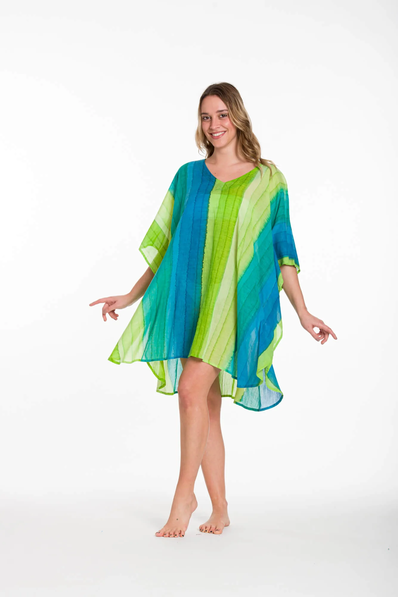 Ποντσο tie dye ριγε βαμβακερο - Λαχανί;Μπλέ;Τυρκουάζ παρεό παραλίας από βαμβακερό για καλοκαιρινές resort εμφανίσεις