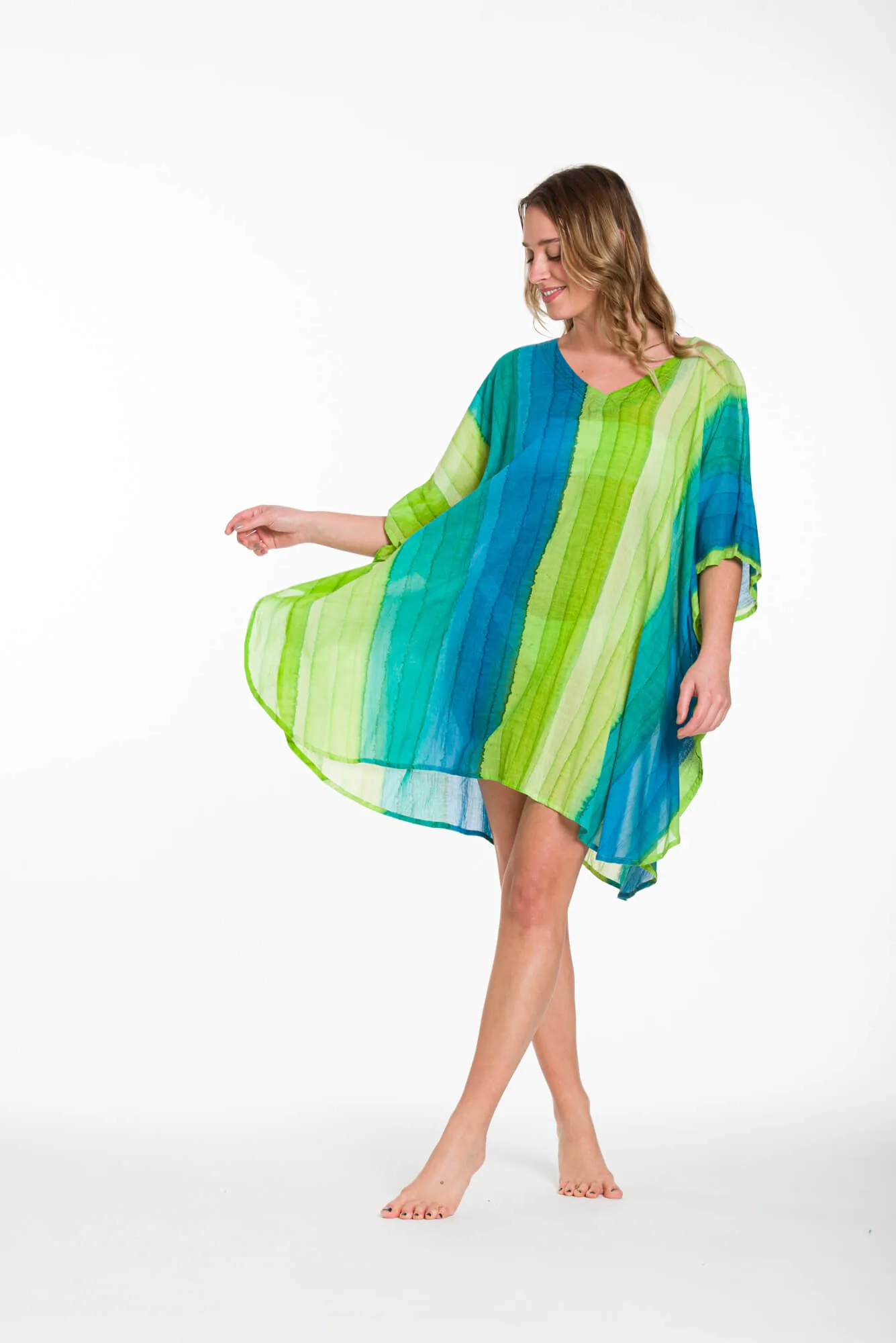 Ποντσο tie dye ριγε βαμβακερο - Λαχανί;Μπλέ;Τυρκουάζ πόντσο παραλίας από βαμβακερό για καλοκαιρινές resort εμφανίσεις