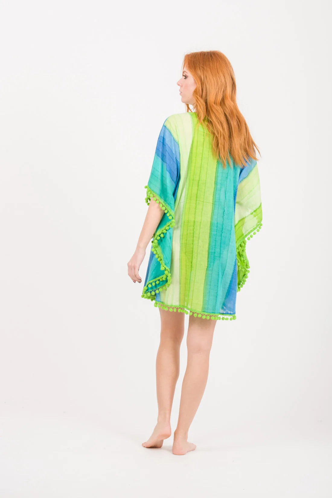 Ποντσο tie dye ριγε βαμβακερο με pon pon - Λαχανί;Μπλέ;Τυρκουάζ πόντσο παραλίας από βαμβακερό για καλοκαιρινές resort εμφανίσεις