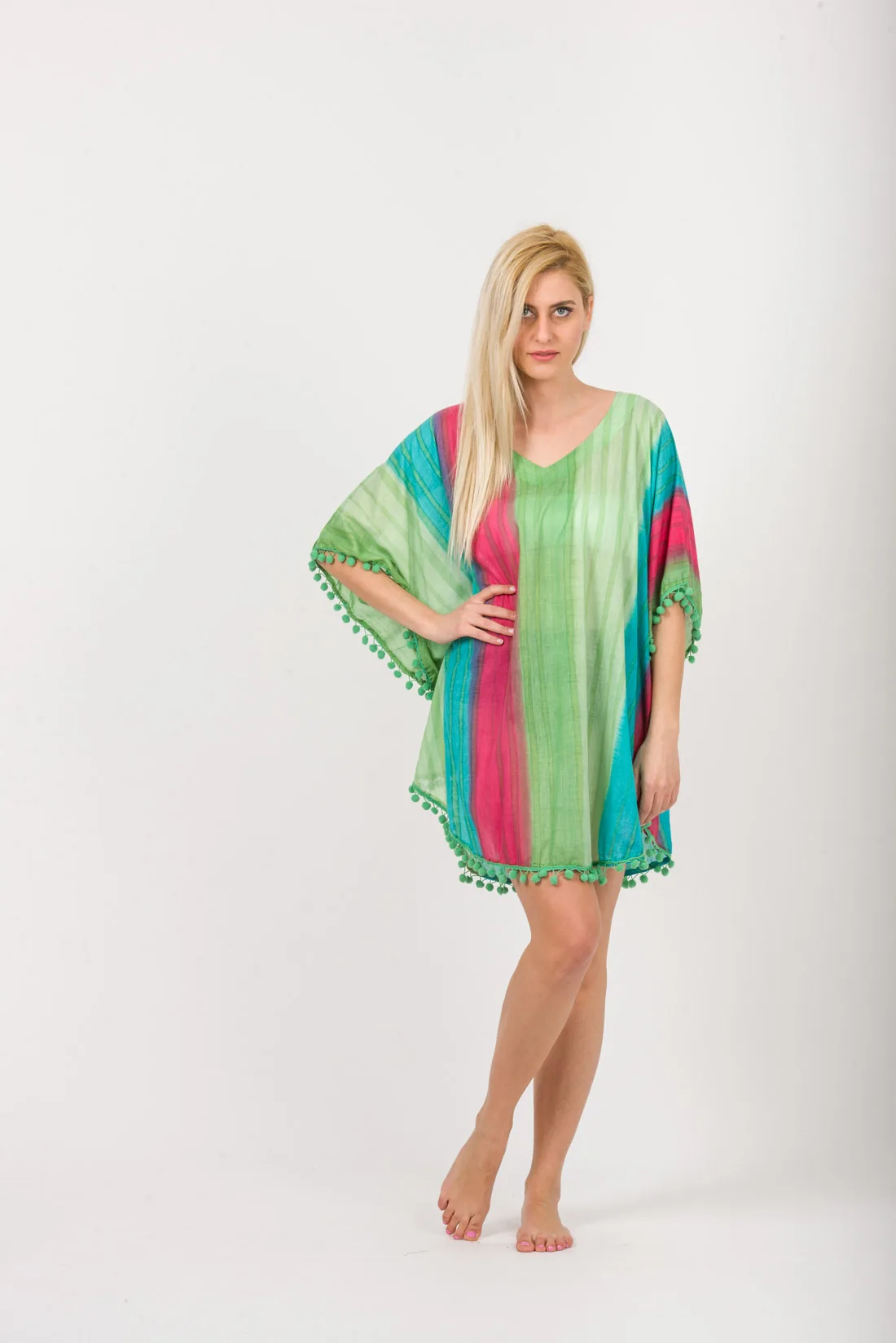 Ποντσο tie dye ριγε βαμβακερο με pon pon - Λαχανί;Πράσινο;Τυρκουάζ;Φούξια παρεό παραλίας από βαμβακερό για καλοκαιρινές resort εμφανίσεις