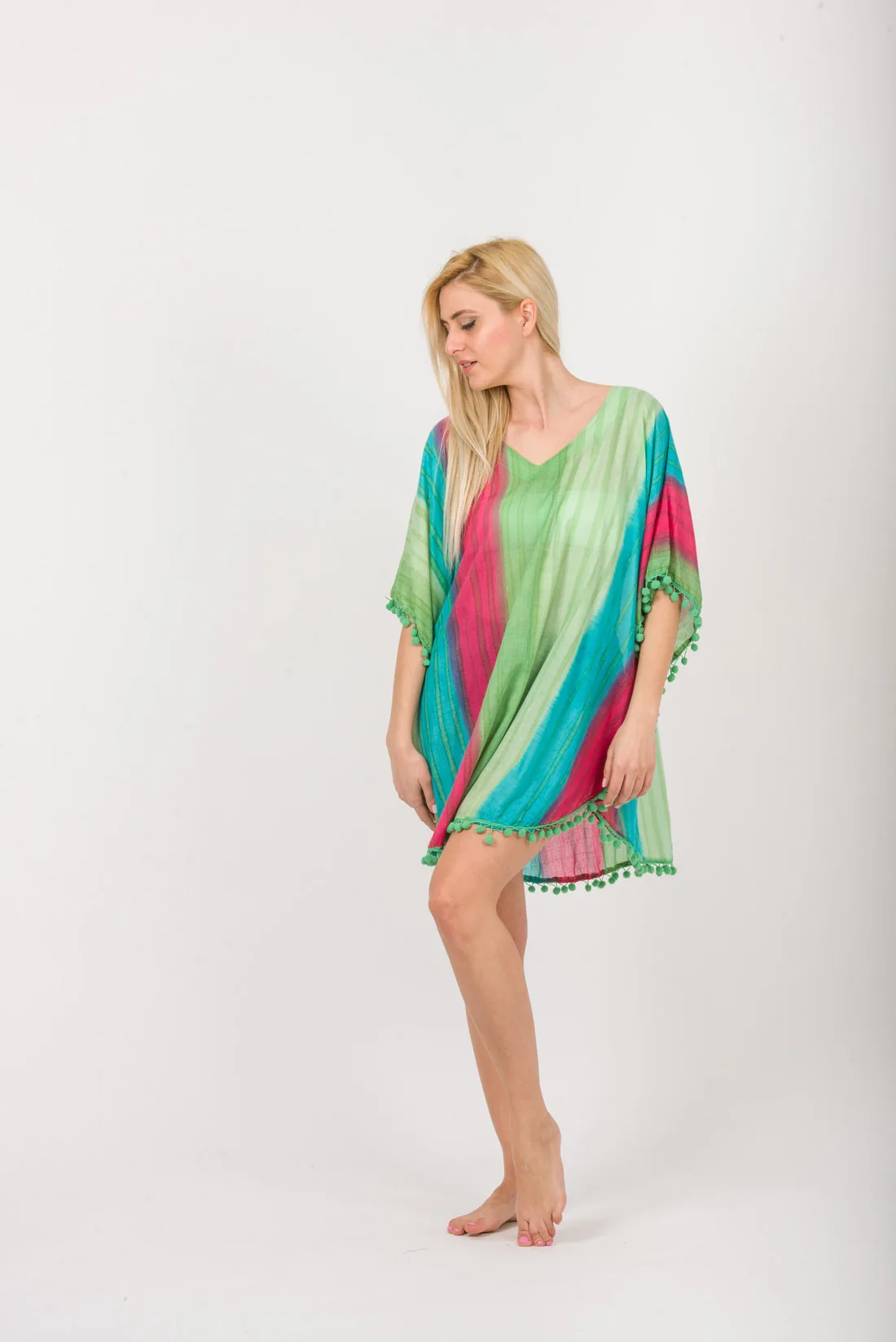Ποντσο tie dye ριγε βαμβακερο με pon pon - Λαχανί;Πράσινο;Τυρκουάζ;Φούξια πόντσο παραλίας από βαμβακερό για καλοκαιρινές resort εμφανίσεις