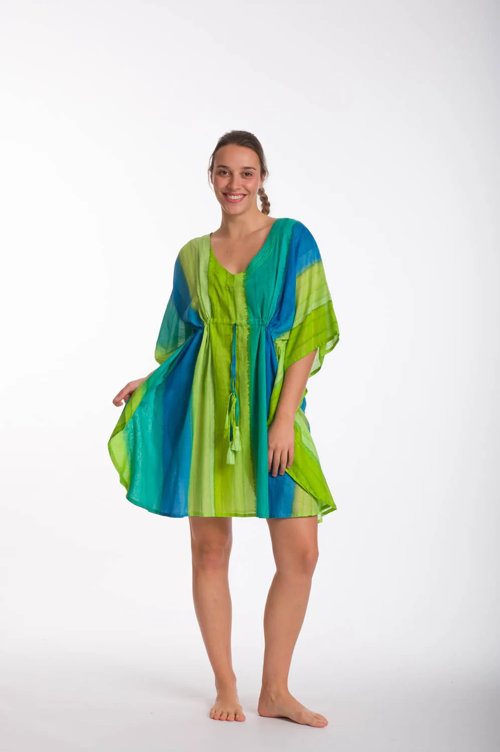 Λαχανί ποντσο tie dye ριγε βαμβακερο με κορδονι - Λαχανί;Τυρκουάζ παρεό παραλίας από βαμβακερό για καλοκαιρινές resort εμφανίσεις