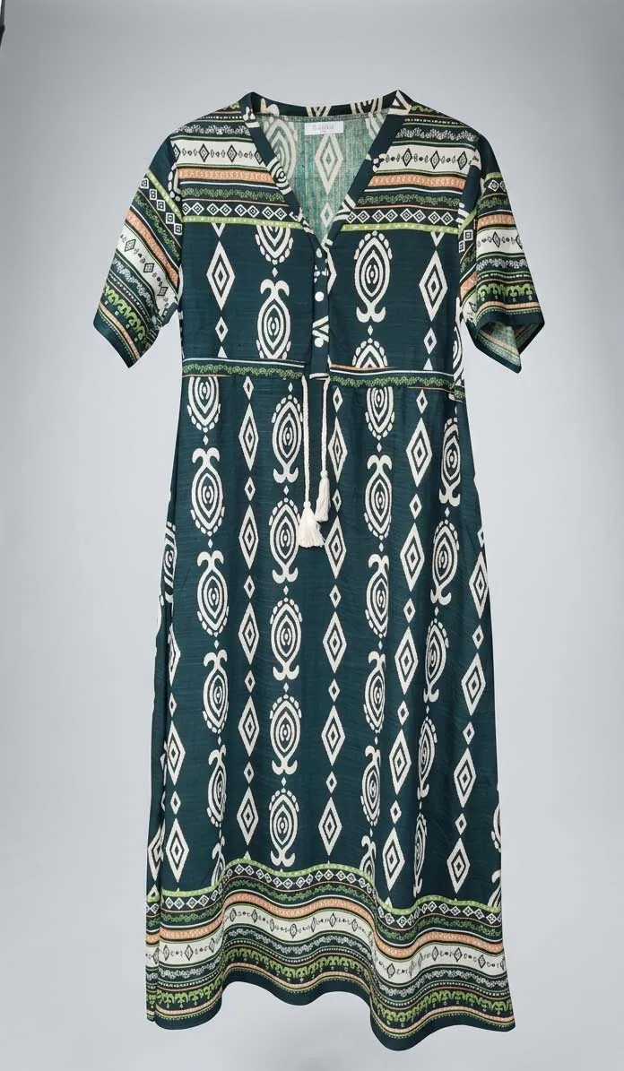 Μαυρο boho resort ethnic print βισκοζ- λινό καφτάνι - φορεμα με κοντό μανικι - Λαδί φόρεμα παραλίας από βισκόζ για καλοκαιρινές resort εμφανίσεις