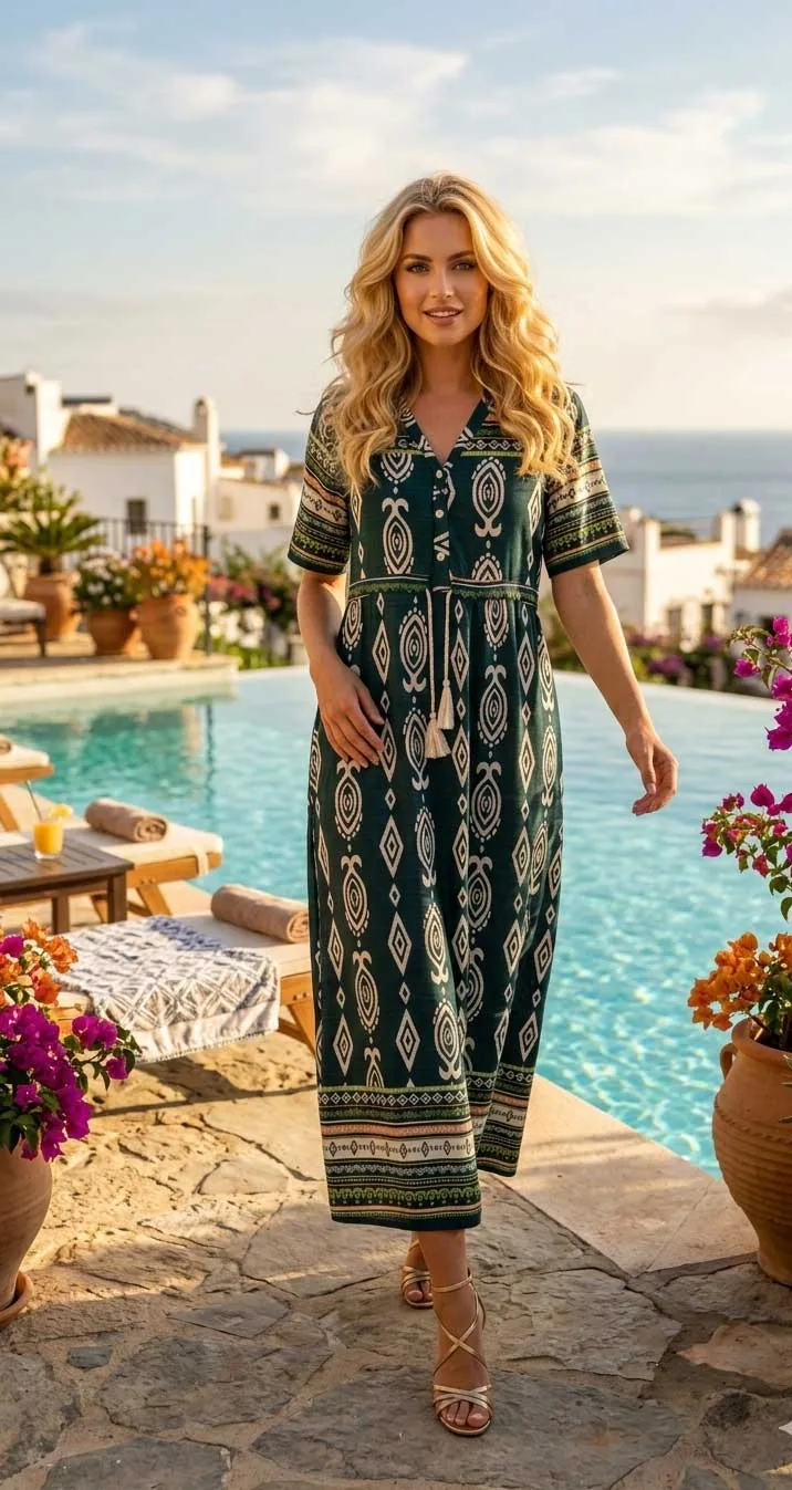 Μαυρο boho resort ethnic print βισκοζ- λινό καφτάνι - φορεμα με κοντό μανικι - Λαδί παρεό παραλίας από βισκόζ για καλοκαιρινές resort εμφανίσεις