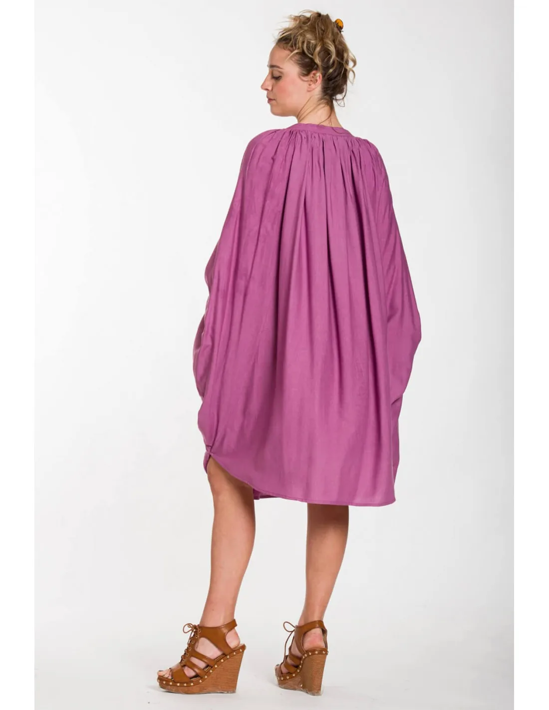Καφτανι midi - πουκαμισοφορεμα oversize look με ρυθμιζομενα μανικια - Λιλά φόρεμα παραλίας από βισκόζ για καλοκαιρινές resort εμφανίσεις