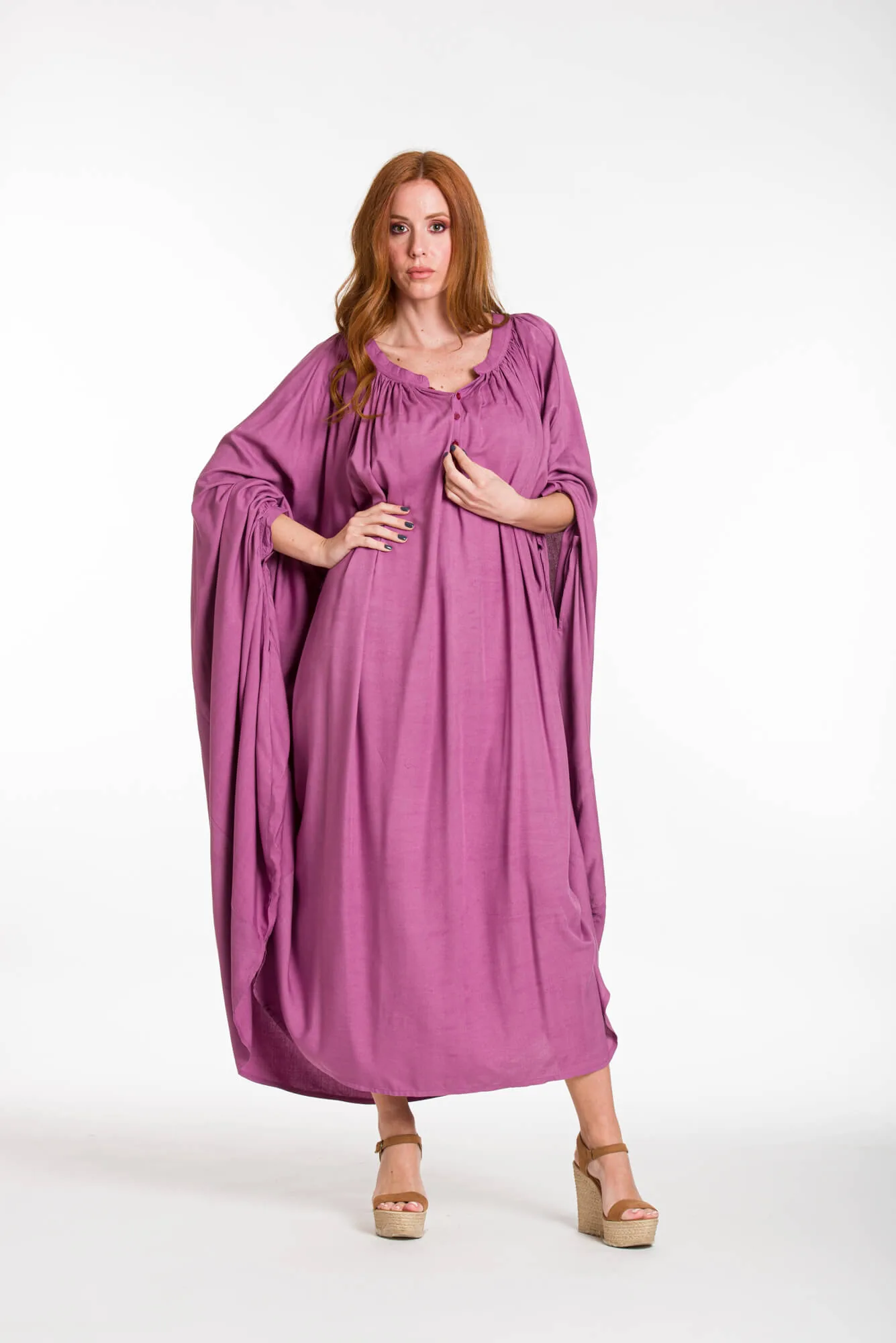Καφτανι - πουκαμισοφορεμα oversize look με ρυθμιζομενα μανικια - Λιλά φόρεμα παραλίας από βισκόζ για καλοκαιρινές resort εμφανίσεις