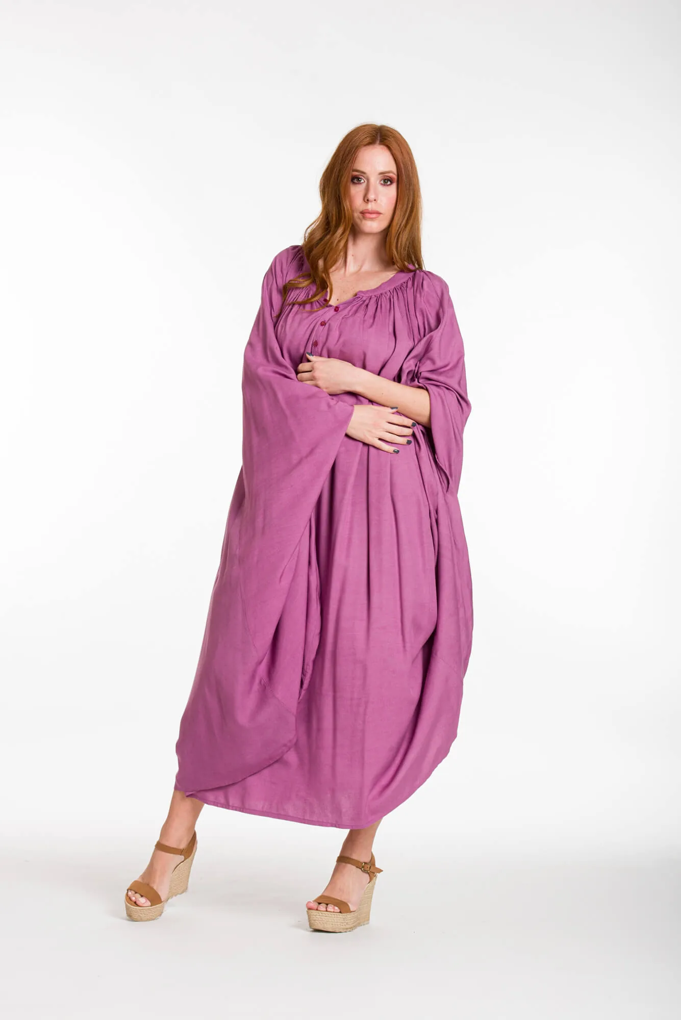 Καφτανι - πουκαμισοφορεμα oversize look με ρυθμιζομενα μανικια - Λιλά φόρεμα παραλίας από βισκόζ για καλοκαιρινές resort εμφανίσεις