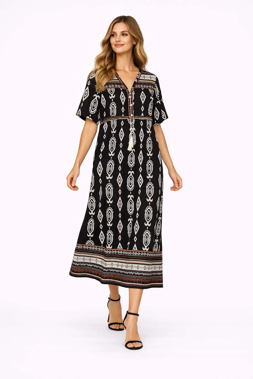 Μαυρο boho resort ethnic print βισκοζ- λινό καφτάνι - φορεμα με κοντό μανικι - Μαύρο παρεό παραλίας από βισκόζ για καλοκαιρινές resort εμφανίσεις