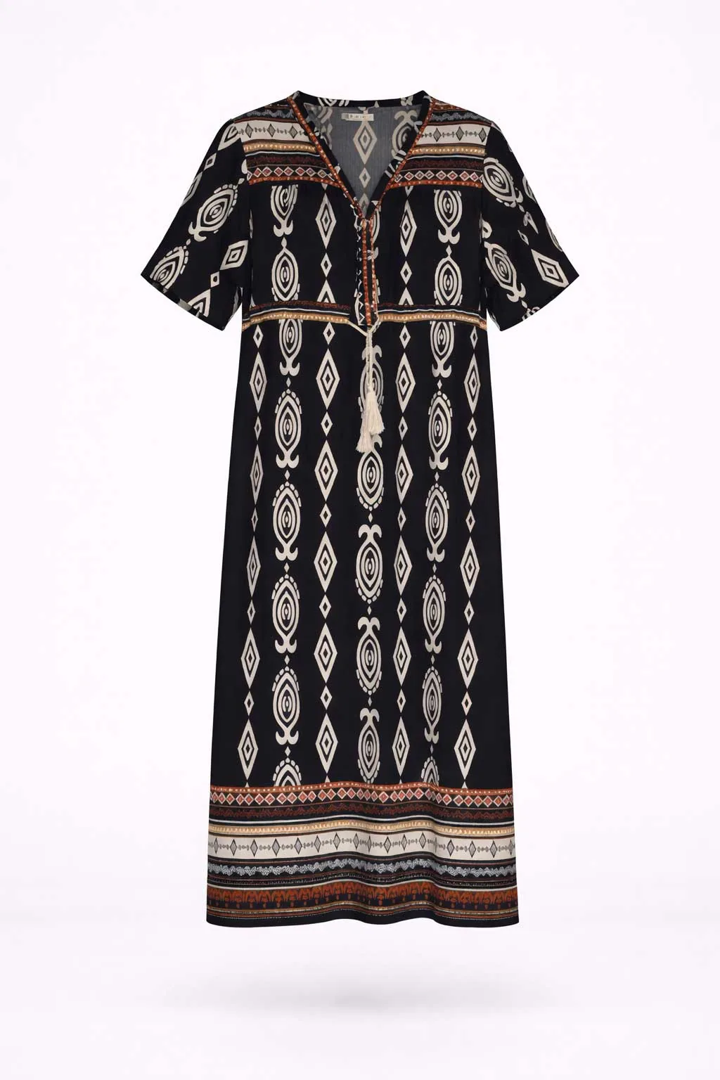 Μαυρο boho resort ethnic print βισκοζ- λινό καφτάνι - φορεμα με κοντό μανικι - Μαύρο φόρεμα παραλίας από βισκόζ για καλοκαιρινές resort εμφανίσεις