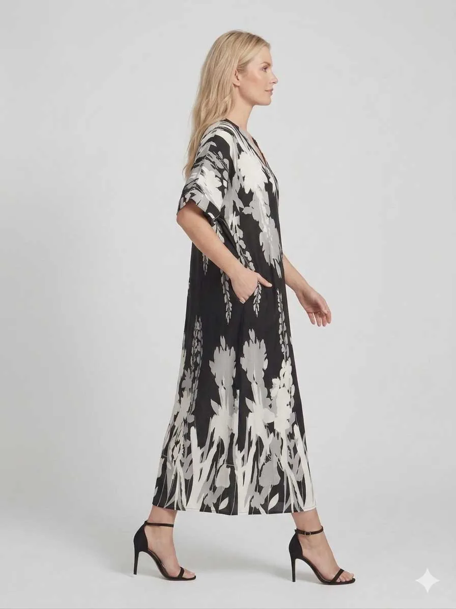 Μαυρο floral resort wear καφτάνι - φορεμα βισκοζ με κοντο μανικι - Μαύρο φόρεμα παραλίας από βαμβάκι για καλοκαιρινές resort εμφανίσεις