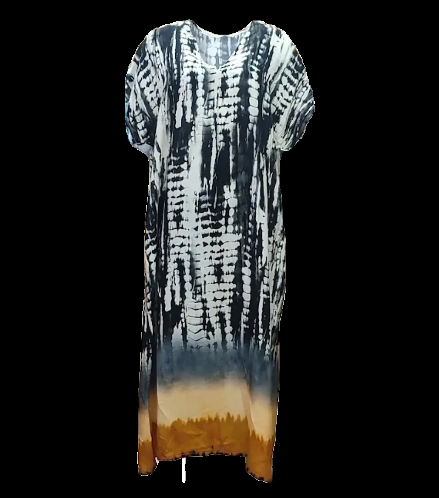 Καφτανι - φορεμα maxi βισκοζ shibori tie dye με κοντο μανικι - Μαύρο φόρεμα παραλίας από βισκόζ για καλοκαιρινές resort εμφανίσεις