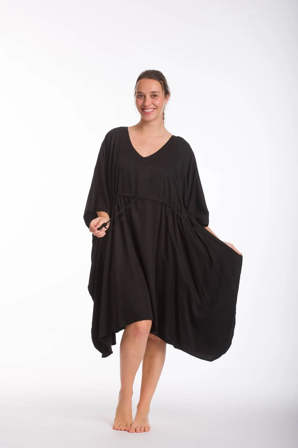 Μαύρο καφτάνι midi μονοχρωμο viscose με adjuster - παρεό παραλίας από βισκόζ για καλοκαιρινές resort εμφανίσεις