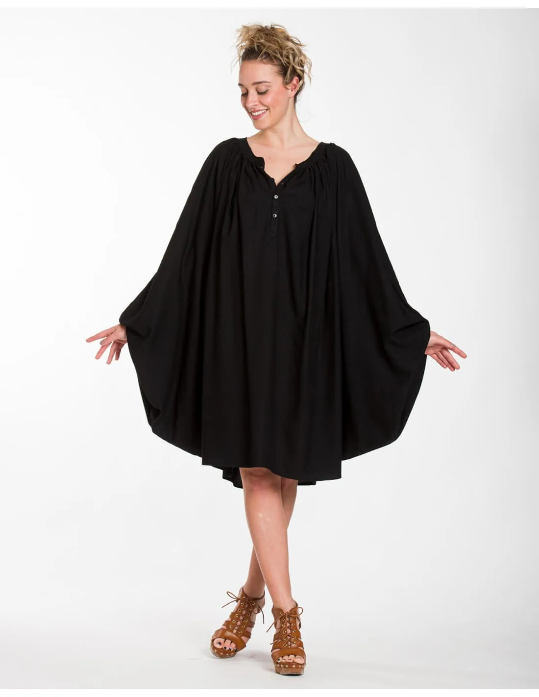 Καφτανι midi - πουκαμισοφορεμα oversize look με ρυθμιζομενα μανικια - Μαύρο φόρεμα παραλίας από βισκόζ για καλοκαιρινές resort εμφανίσεις