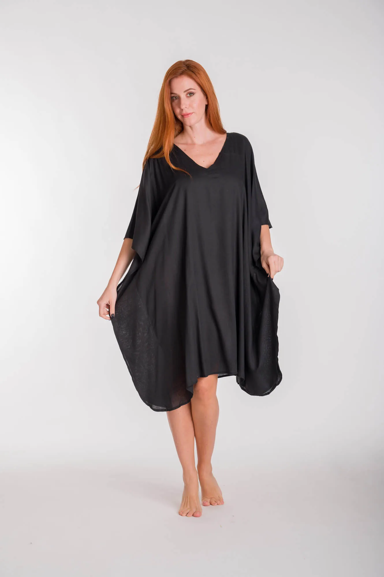 Καφτανι μονοχρωμο midi viscose - Μαύρο παρεό παραλίας από βισκόζ για καλοκαιρινές resort εμφανίσεις