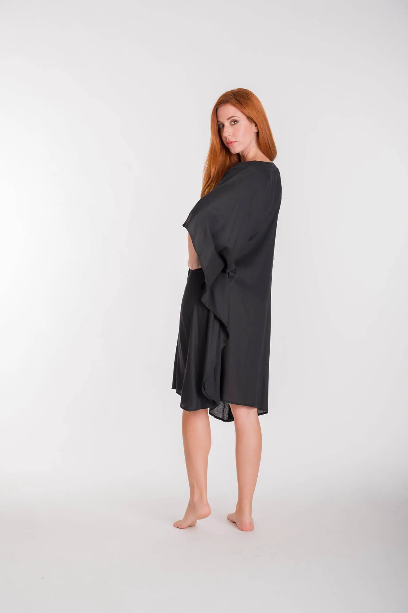 Καφτανι μονοχρωμο midi viscose - Μαύρο καφτάνι παραλίας από βισκόζ για καλοκαιρινές resort εμφανίσεις