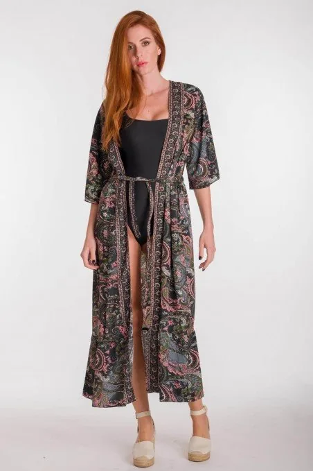 Κιμονο art. silk maxi με δεσιμο - Μαύρο παρεό παραλίας για καλοκαιρινές resort εμφανίσεις