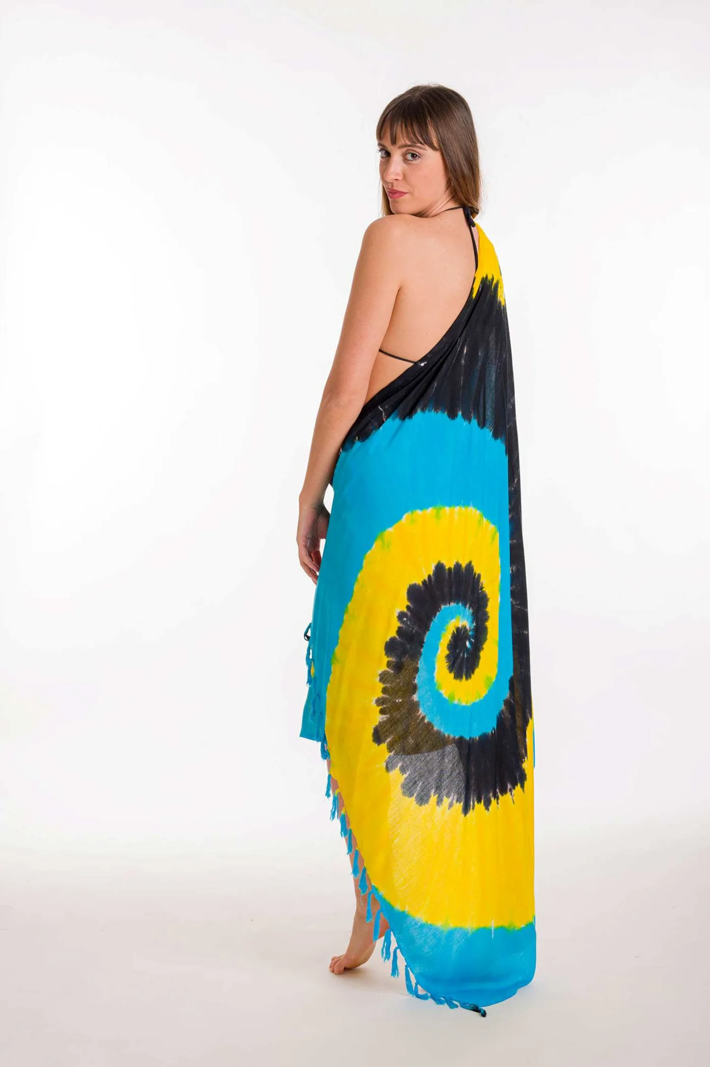 Παρεο βισκοζ tie dye κοχυλι με κροσσια - Μαύρο;Κίτρινο παρεό παραλίας για καλοκαιρινές resort εμφανίσεις