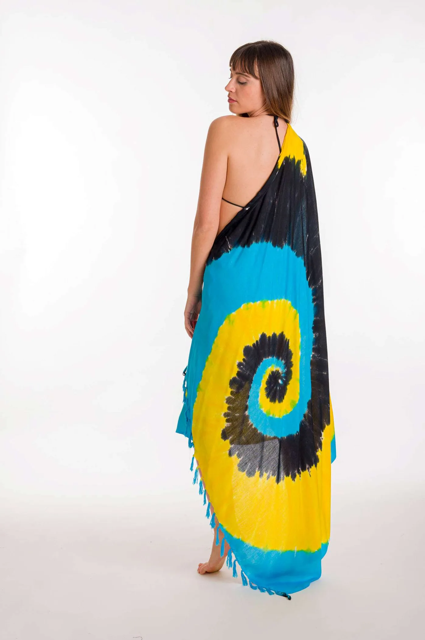 Παρεο βισκοζ tie dye κοχυλι με κροσσια - Μαύρο;Κίτρινο παρεό παραλίας για καλοκαιρινές resort εμφανίσεις