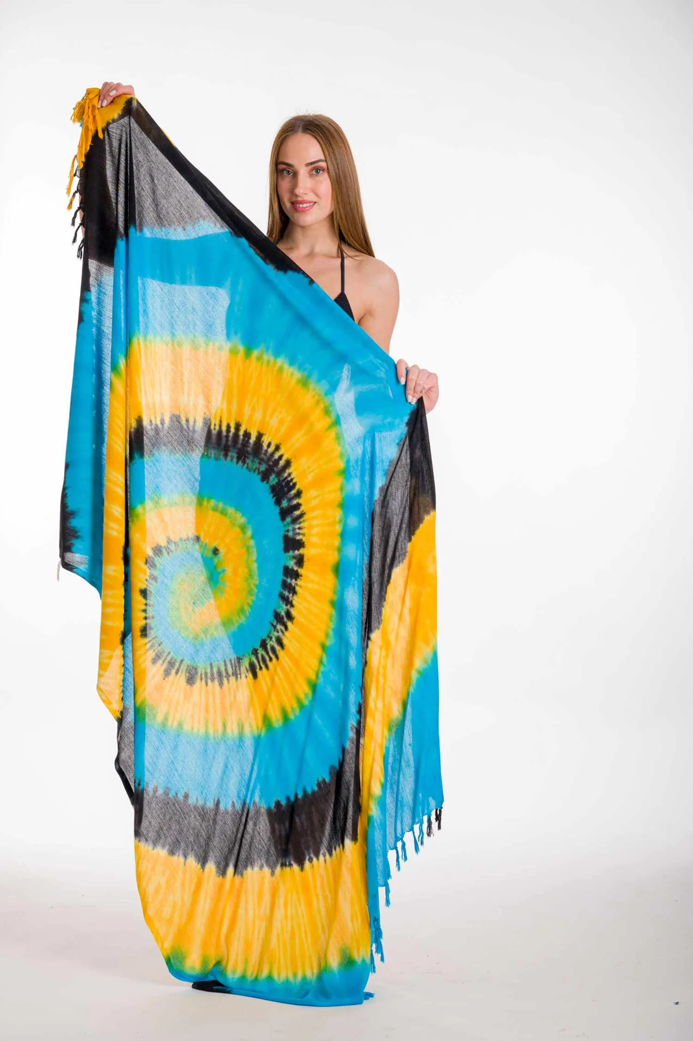 Παρεο βισκοζ tie dye με κροσσια - Μαύρο;Κίτρινο;Τυρκουάζ παρεό παραλίας για καλοκαιρινές resort εμφανίσεις