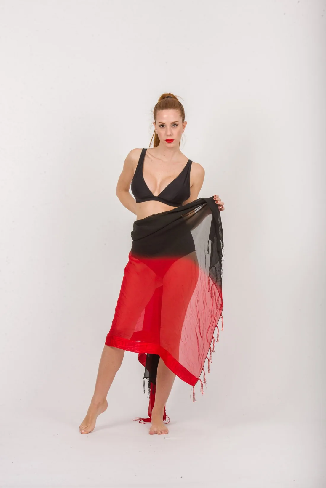 Παρεο chiffon με κεντημα μαιανδρο στην πλεξη - Μαύρο;Κόκκινο παρεό παραλίας για καλοκαιρινές resort εμφανίσεις