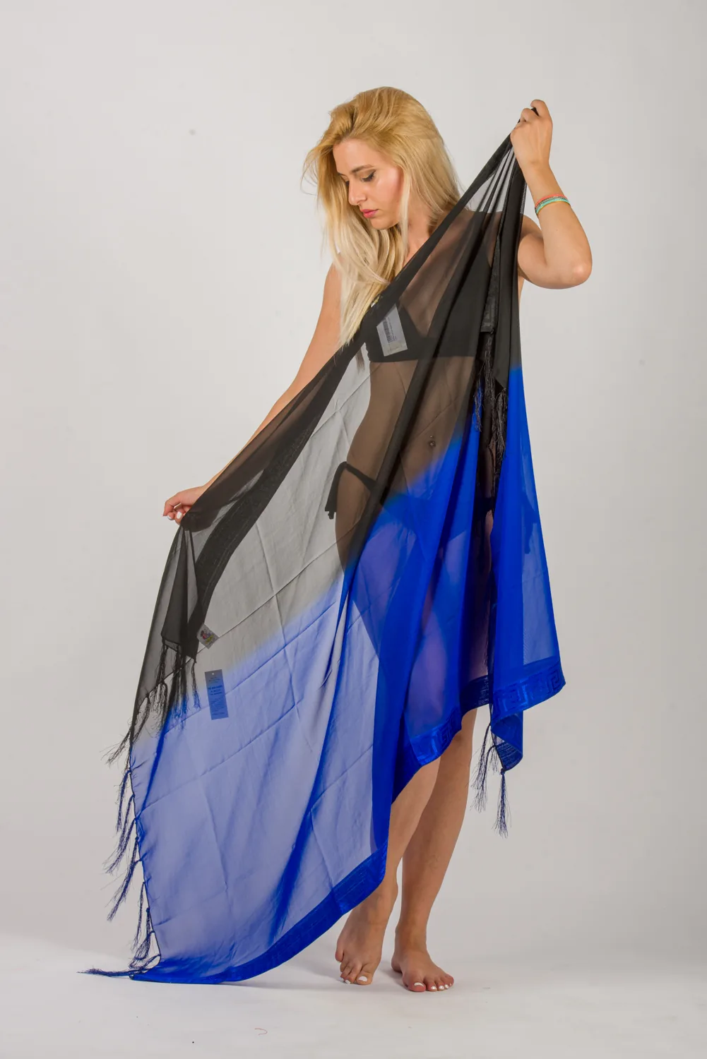 Παρεο chiffon με κεντημα μαιανδρο στην πλεξη - Μαύρο;Μπλέ παρεό παραλίας για καλοκαιρινές resort εμφανίσεις