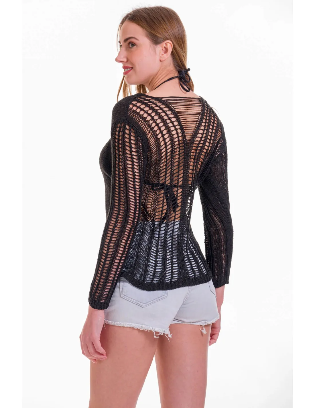 Μπλουζα διχτυ με μανικι βαμβακερη - Μαύρο resort wear προϊόν από βαμβακερό για καλοκαιρινές resort εμφανίσεις