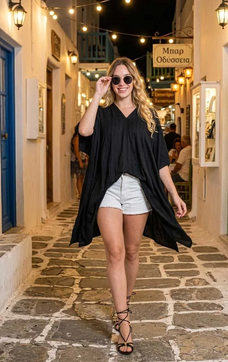 Μαύρο ποντσο βισκοζ μονοχρωμο πλισε - παρεό παραλίας από βισκόζ για καλοκαιρινές resort εμφανίσεις