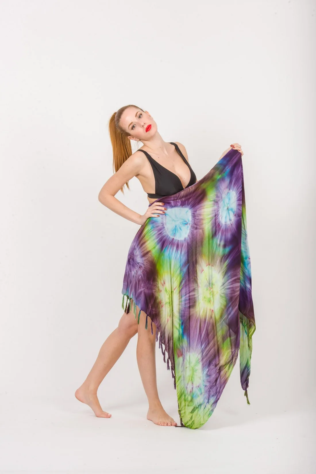 Παρεο βισκοζ tie dye εκρηξη με κροσσια - Μώβ;Πράσινο παρεό παραλίας για καλοκαιρινές resort εμφανίσεις