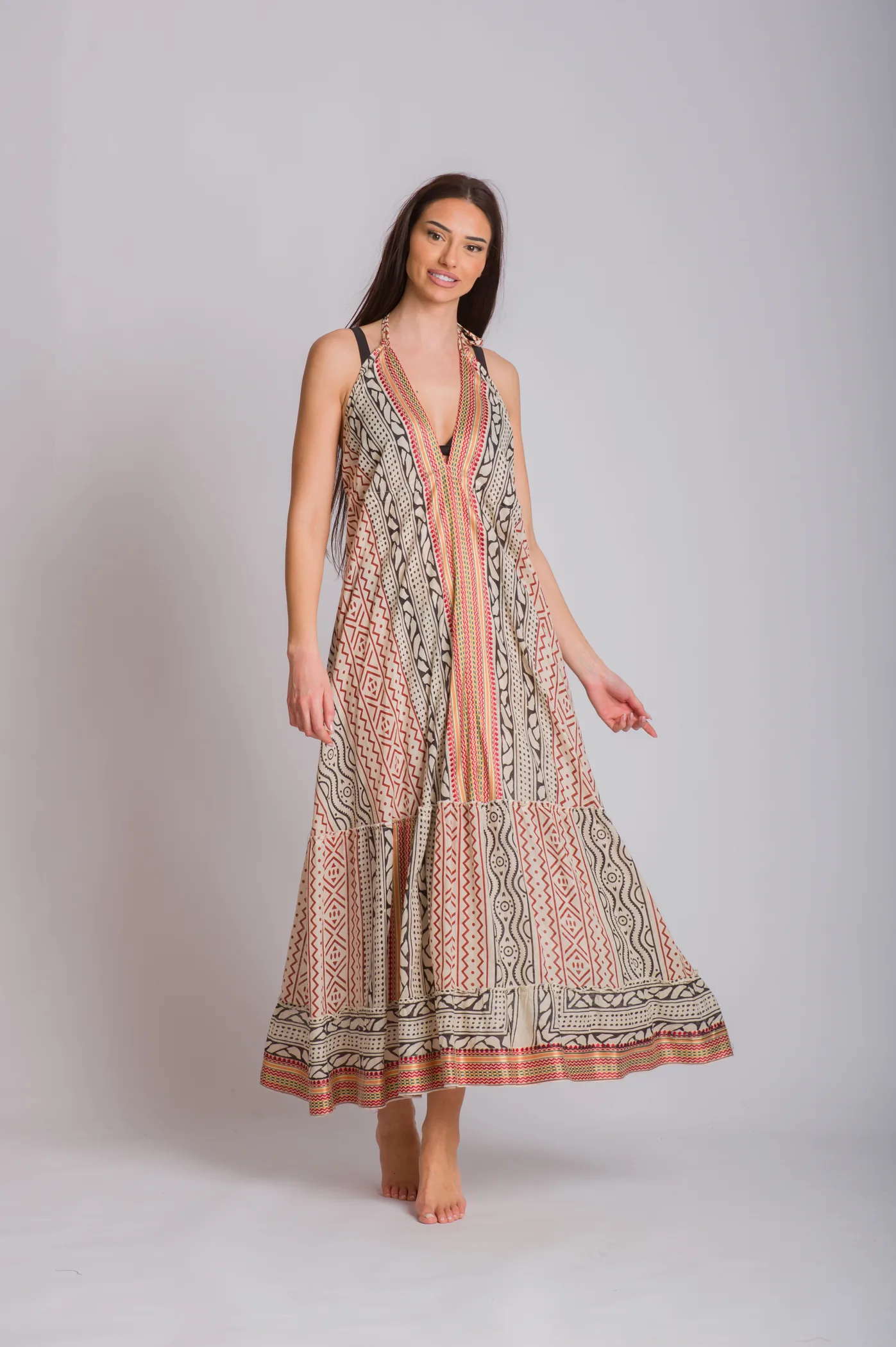 Boho φορεμα βαμβακερο με δεσιματα - Μπέζ φόρεμα παραλίας για καλοκαιρινές resort εμφανίσεις