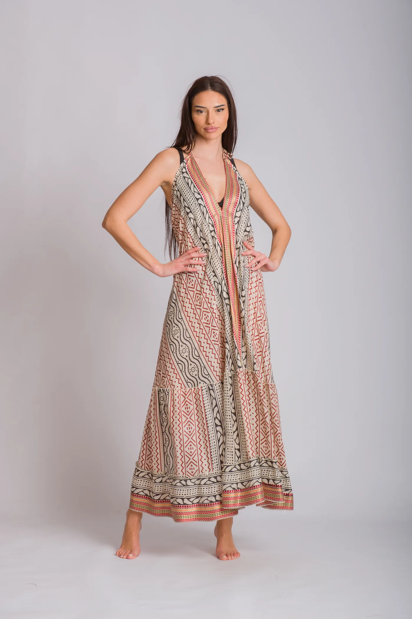 Boho φορεμα βαμβακερο με δεσιματα - Μπέζ φόρεμα παραλίας για καλοκαιρινές resort εμφανίσεις