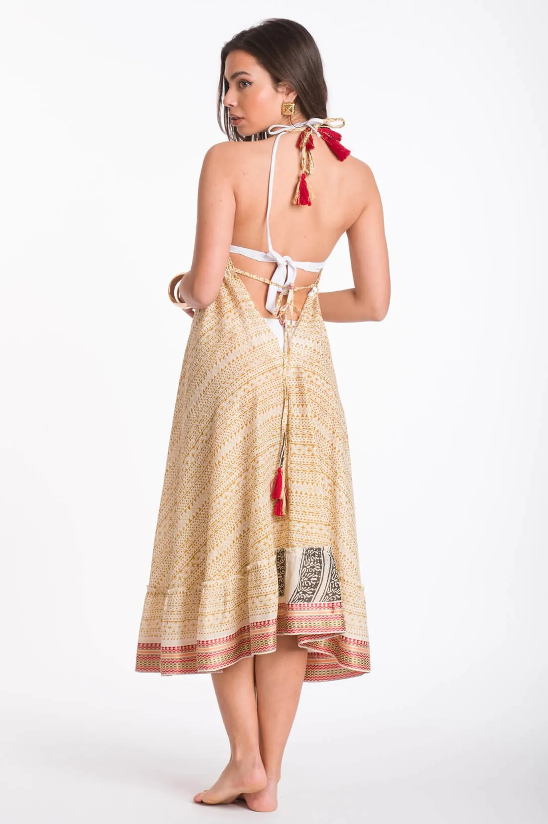 Boho φορεμα βαμβακερο με δεσιματα - Μπέζ φόρεμα παραλίας για καλοκαιρινές resort εμφανίσεις